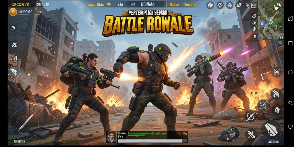 Screenshot gameplay CACOR78 menampilkan aksi pertarungan seru di arena Battle Royale.
