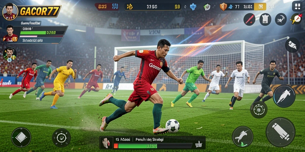 Screenshot gameplay GACOR77 menunjukkan aksi sepak bola yang mendebarkan.