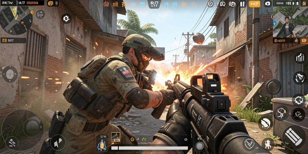 Tampilan gameplay RK77 dengan aksi tembak-menembak yang intens.