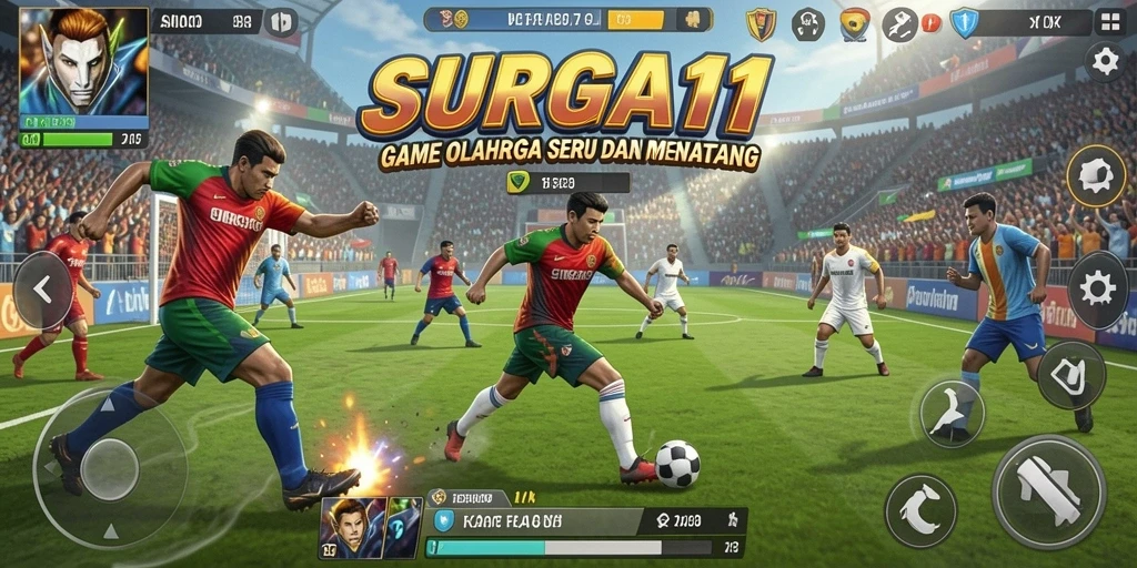 Tangkapan layar gameplay SURGA11 menampilkan momen seru dalam pertandingan olahraga.