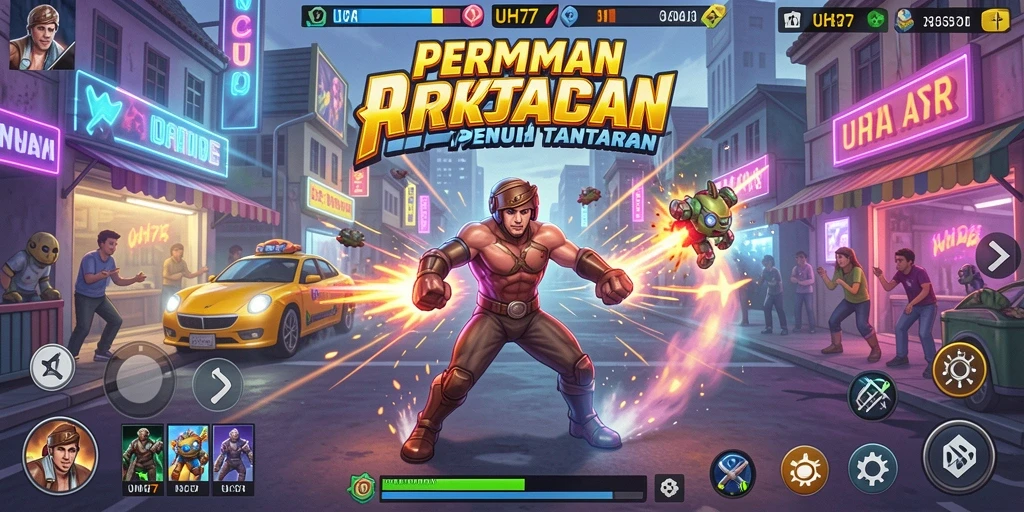 Tangkapan layar UH77 menampilkan gameplay arcade yang menegangkan dan penuh warna.